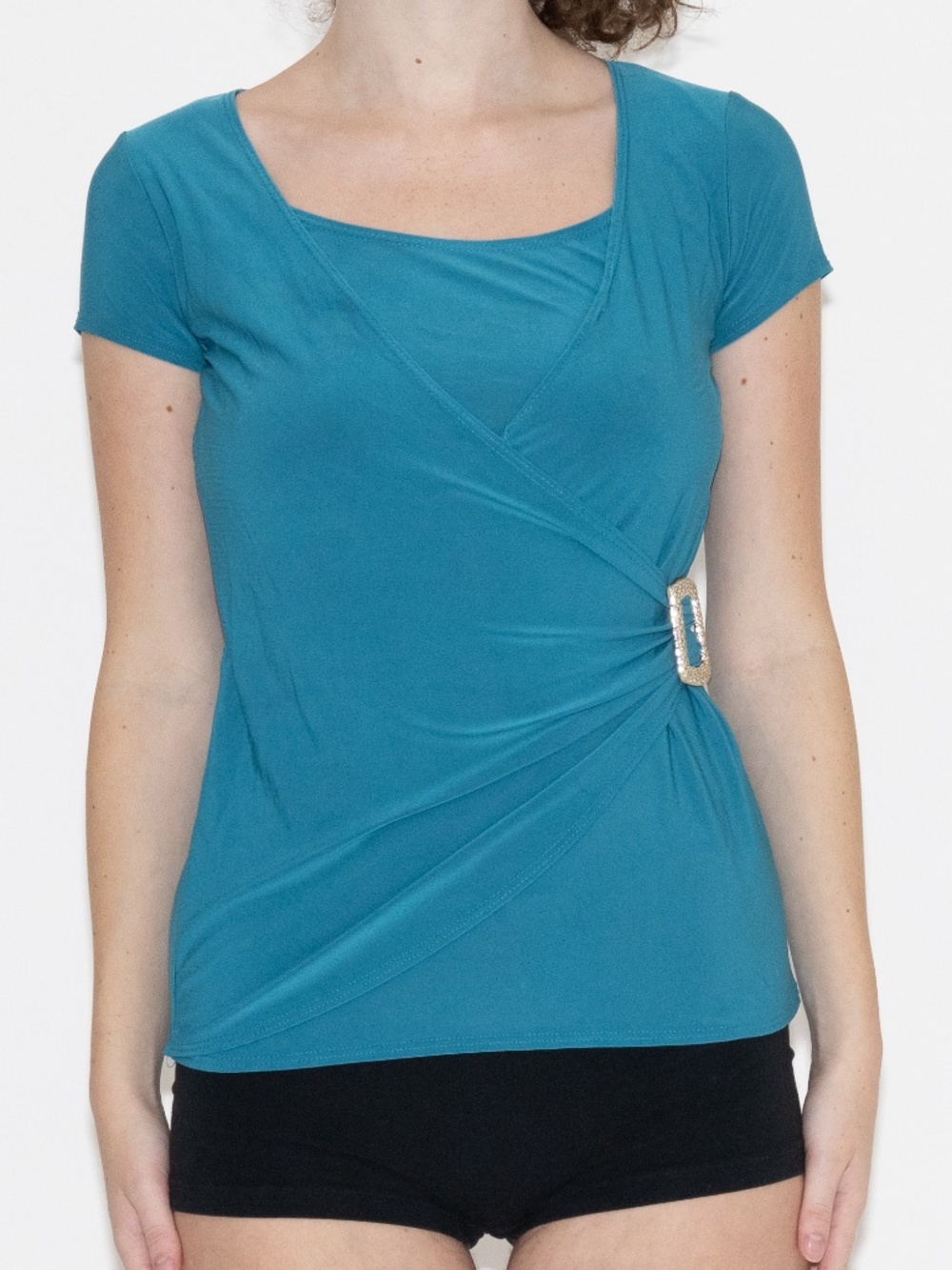 Y2k blue wrap top blouse w/ silver buckle size small american city wear